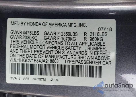 2018 Honda Accord Sport из США, поврежденный, VIN 1HGCV1F34JA218803